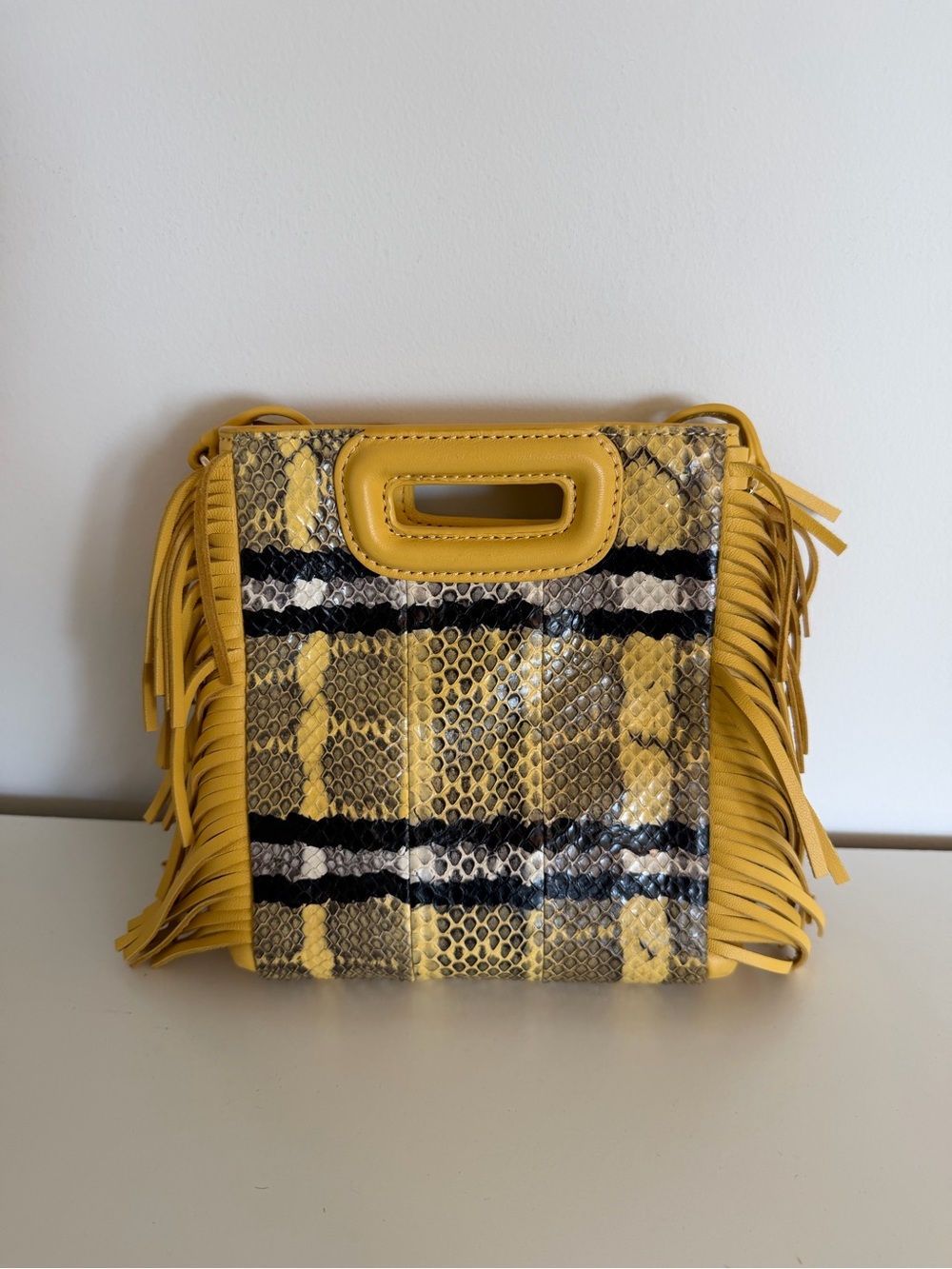 Maje Yellow Snake-Print Fringe Crossbody with Black & Cream Stripes